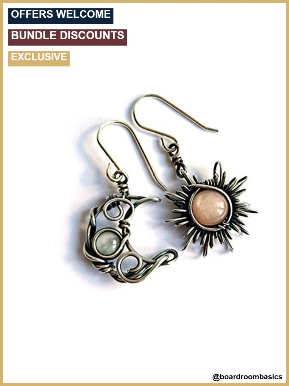 Boho Opal Sun Moon Drop Dangle Earrings Natural Stone Hook Antiqued Silver